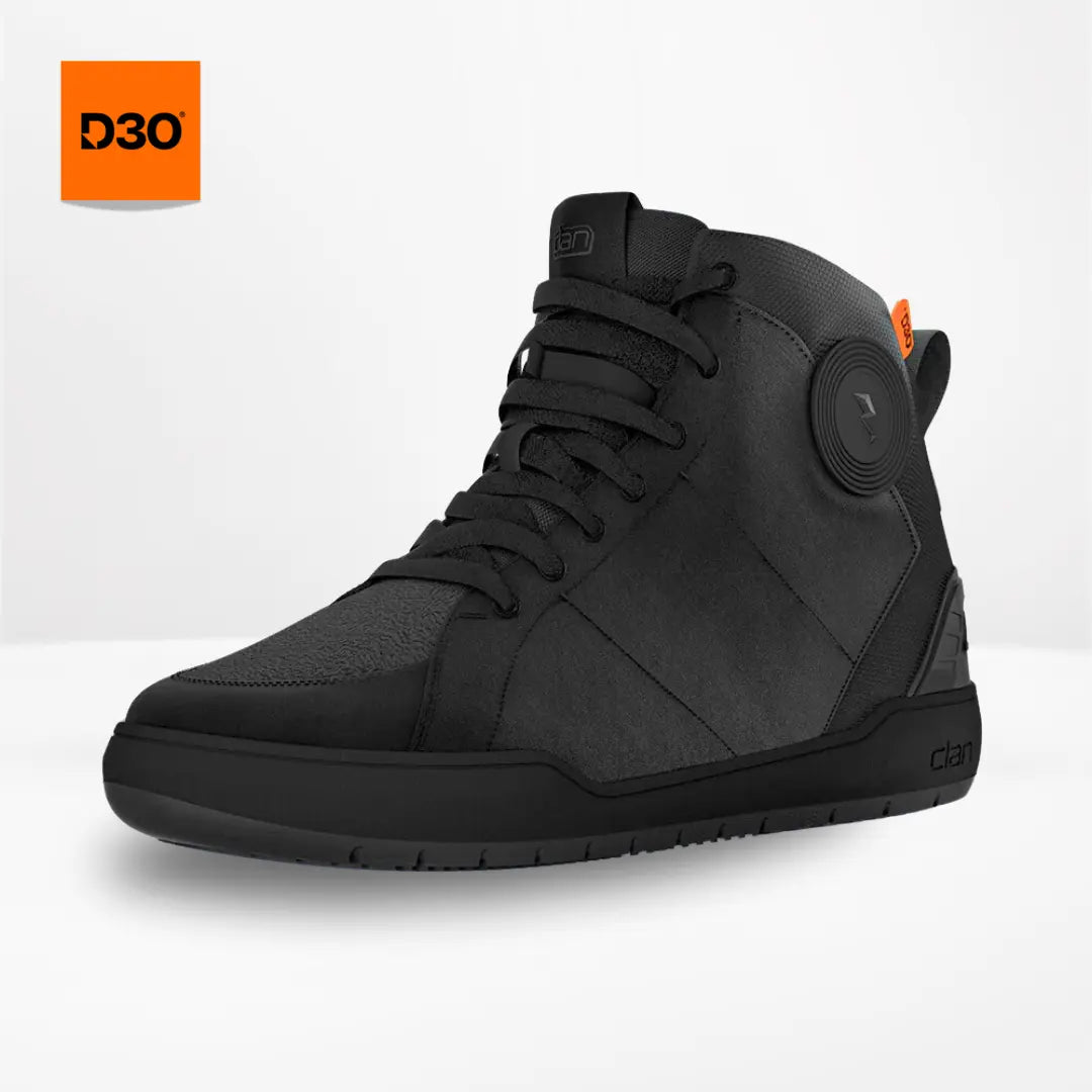 Clan Scout Black D3O waterproof motorcycle riding shoe — three-quarter product view