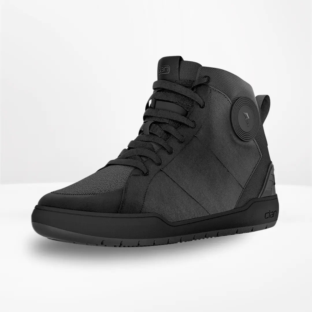 Clan Scout Black waterproof motorcycle riding shoe — three-quarter product view