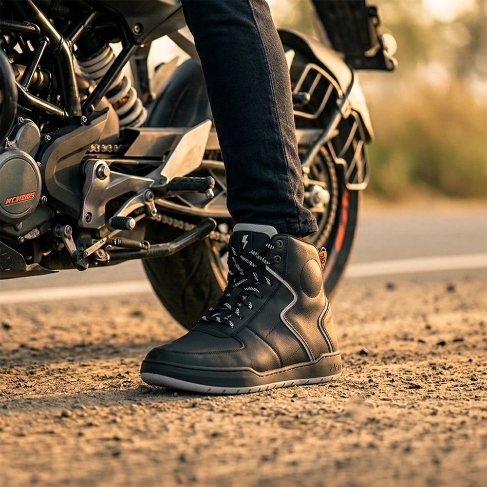 Clan Stealth D3O riding shoe lifestyle photograph in grey