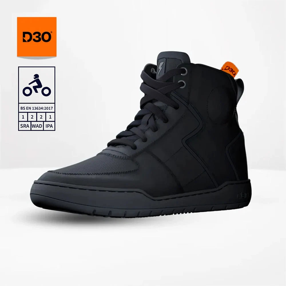 Clan Stealth Black D3O waterproof motorcycle riding shoe — three-quarter product view