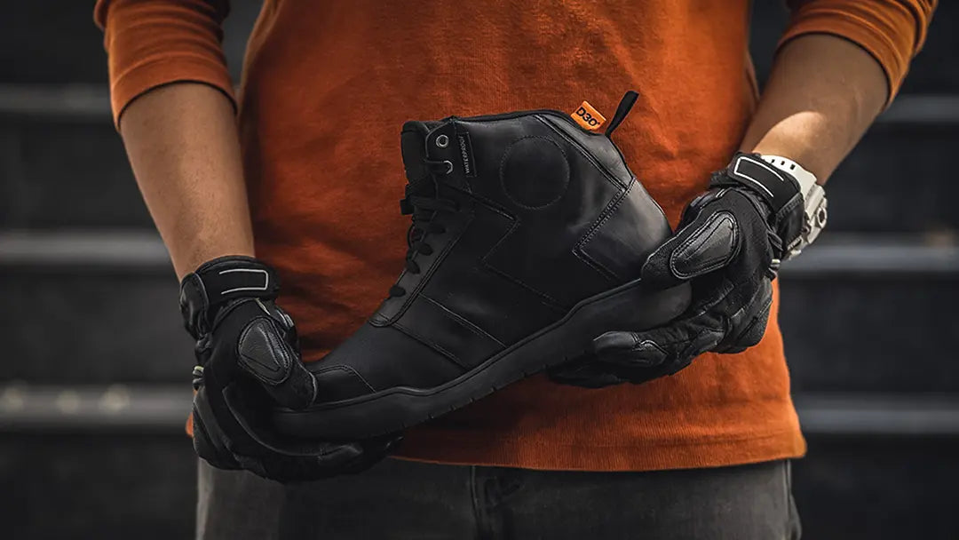 Clan Stealth D3O motorcycle riding shoe lifestyle photograph