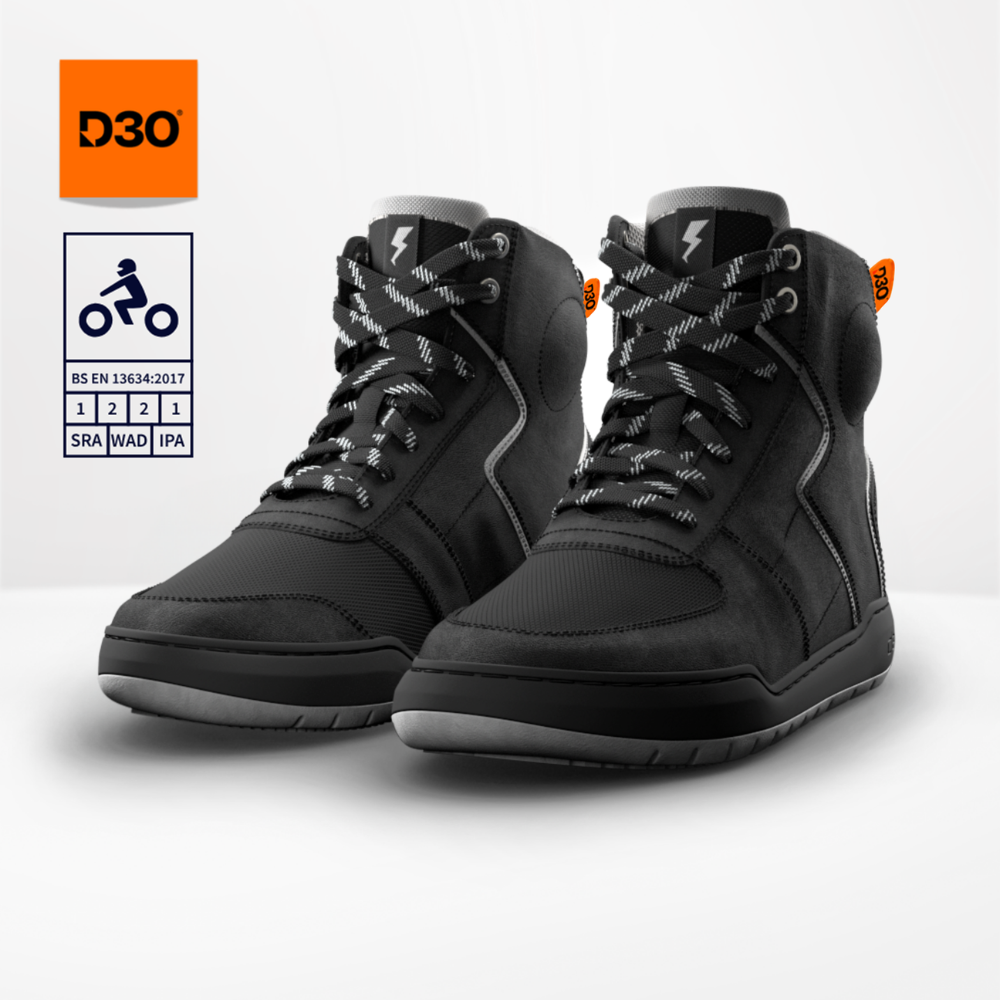 Clan Stealth Grey D3O waterproof motorcycle riding shoe — three-quarter product view