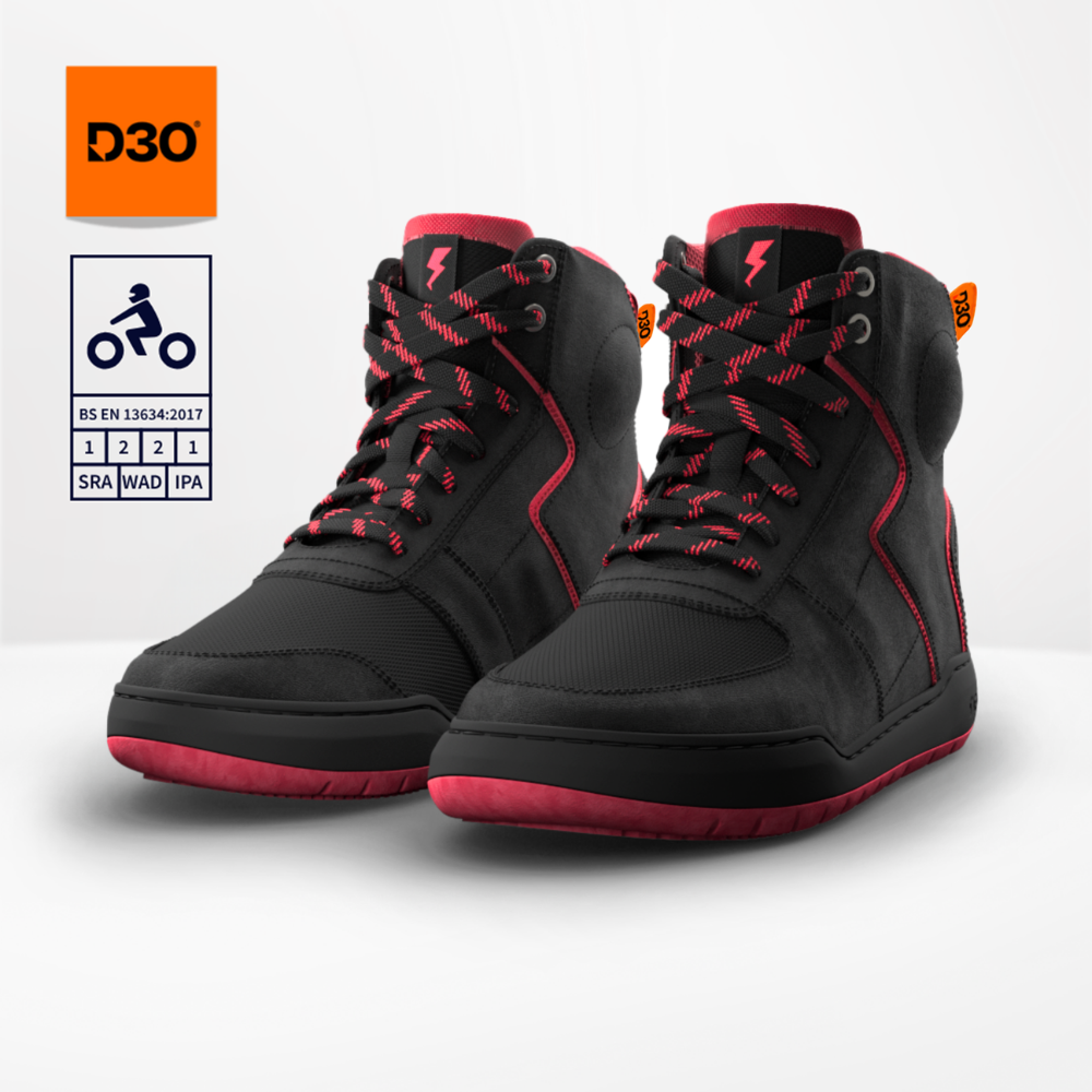 Clan Stealth Red D3O waterproof motorcycle riding shoe — three-quarter product view