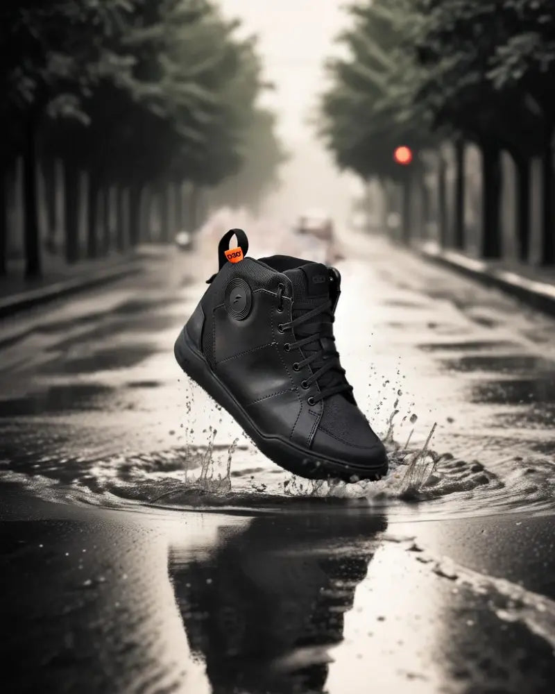 Clan Scout waterproof riding shoe lifestyle photograph in wet conditions