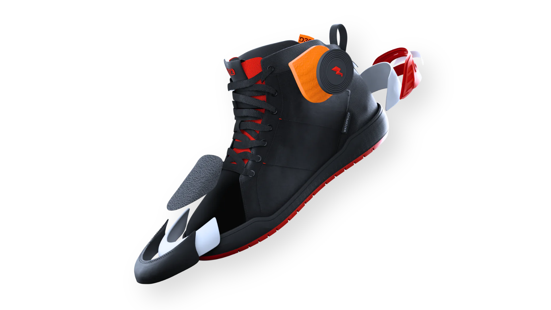 Exploded Clan Scout riding shoe showing its protective toe, heel, ankle and upper construction