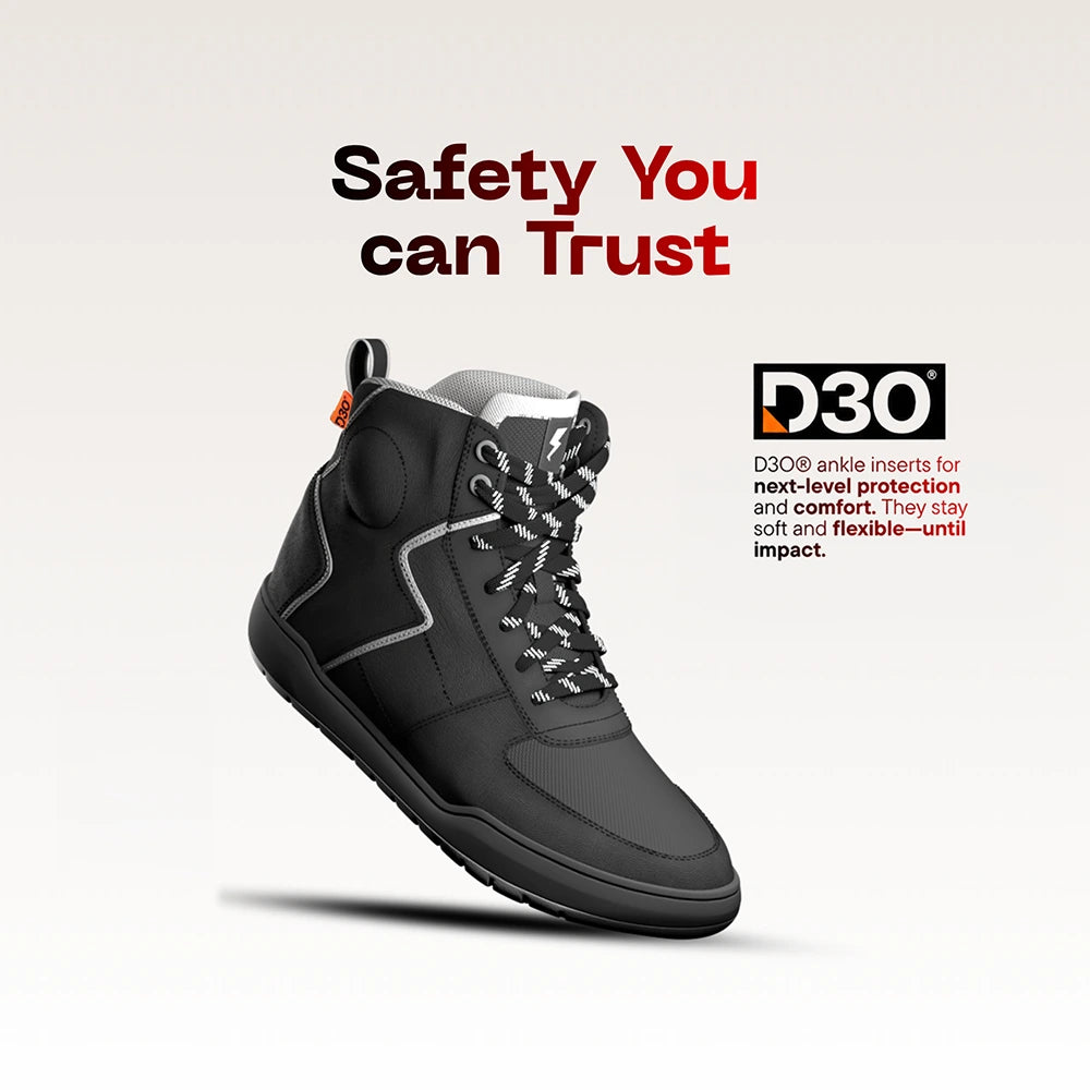Clan Stealth Grey D3O waterproof motorcycle riding shoe — rear and side view
