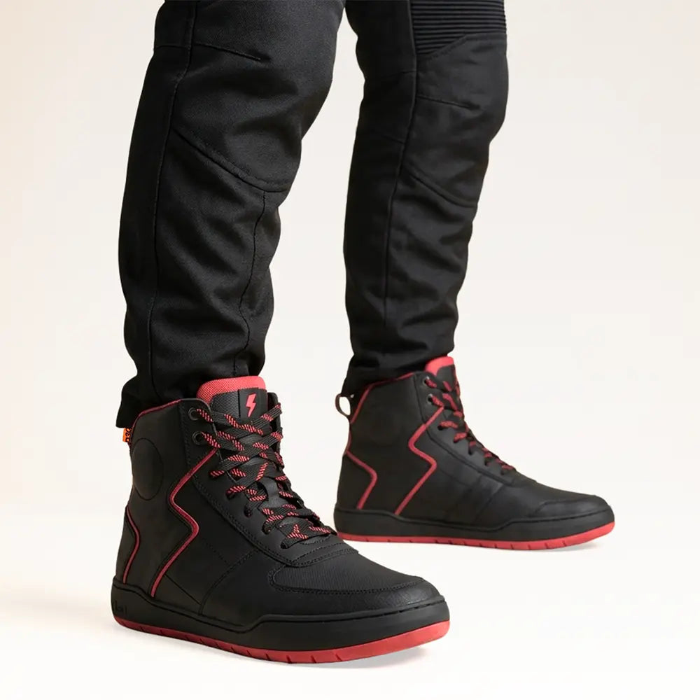 Clan Stealth D3O riding shoe lifestyle photograph in red