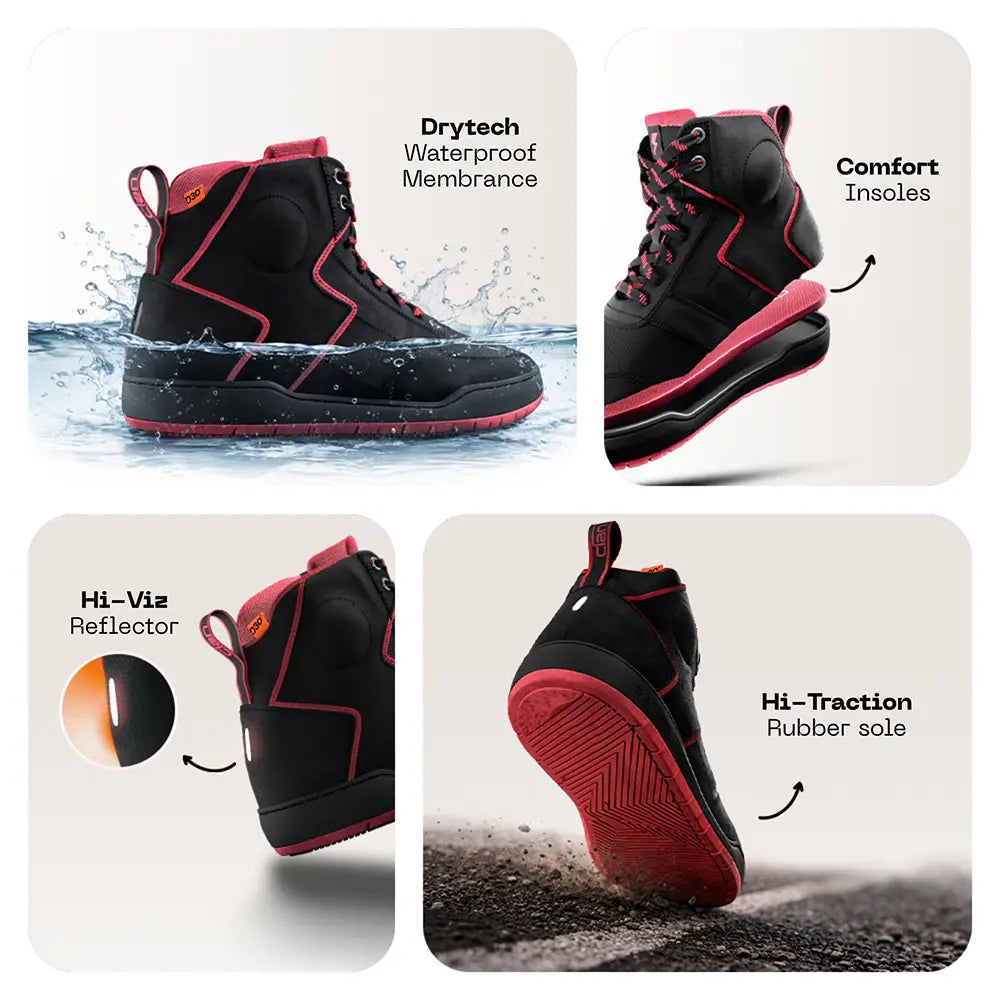 Clan Stealth Red D3O waterproof motorcycle riding shoe — outsole tread view