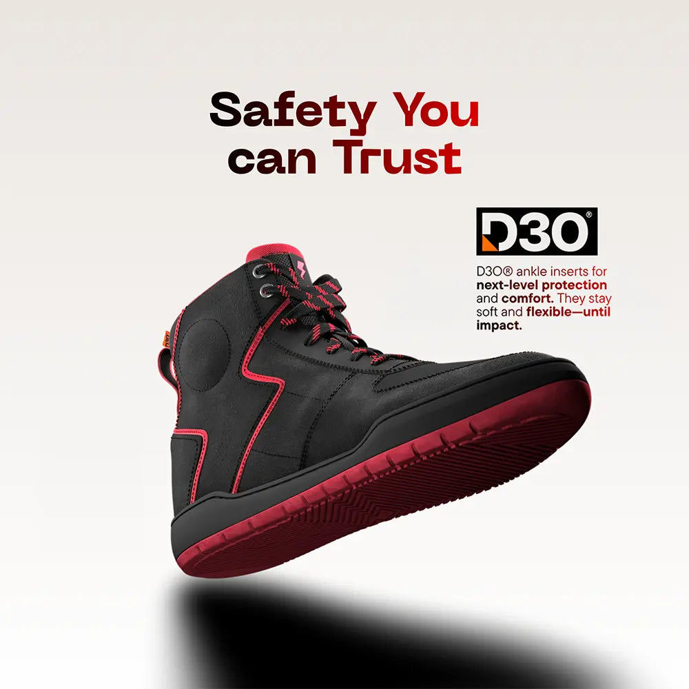 Clan Stealth Red D3O waterproof motorcycle riding shoe — rear and side view