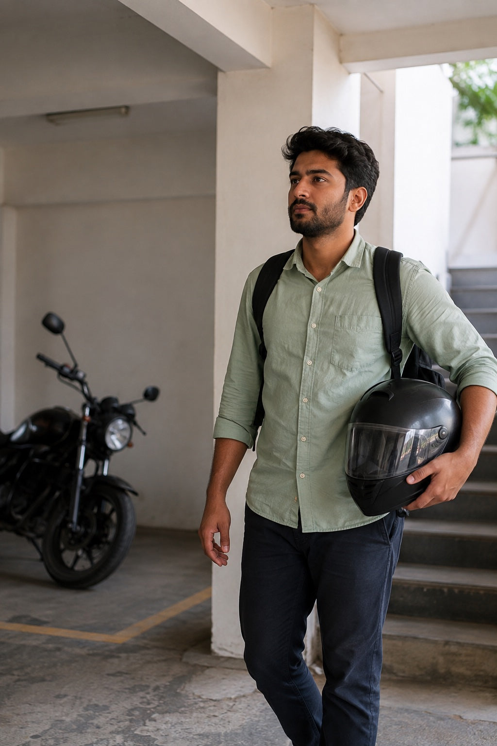 Indian office commuter carrying a motorcycle helmet after parking