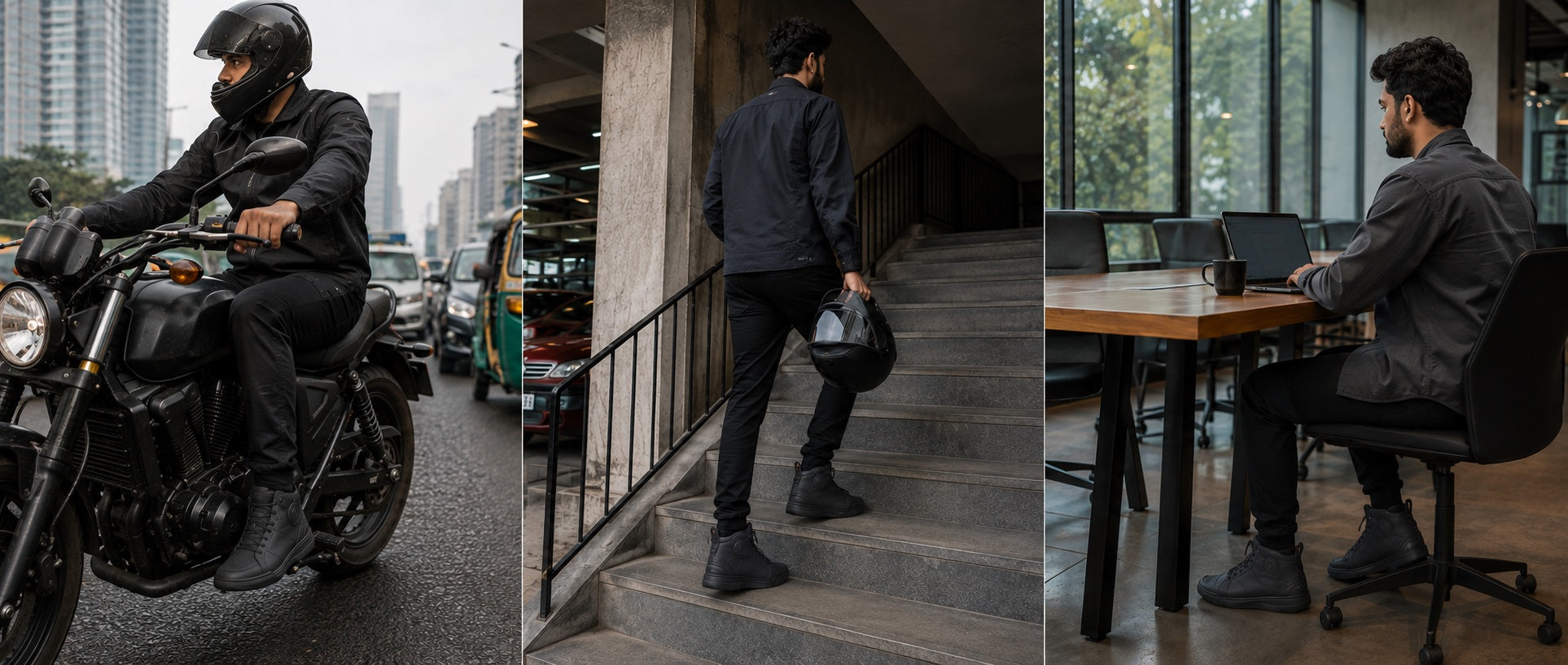 Illustrative sequence of an Indian rider commuting, walking from parking and working