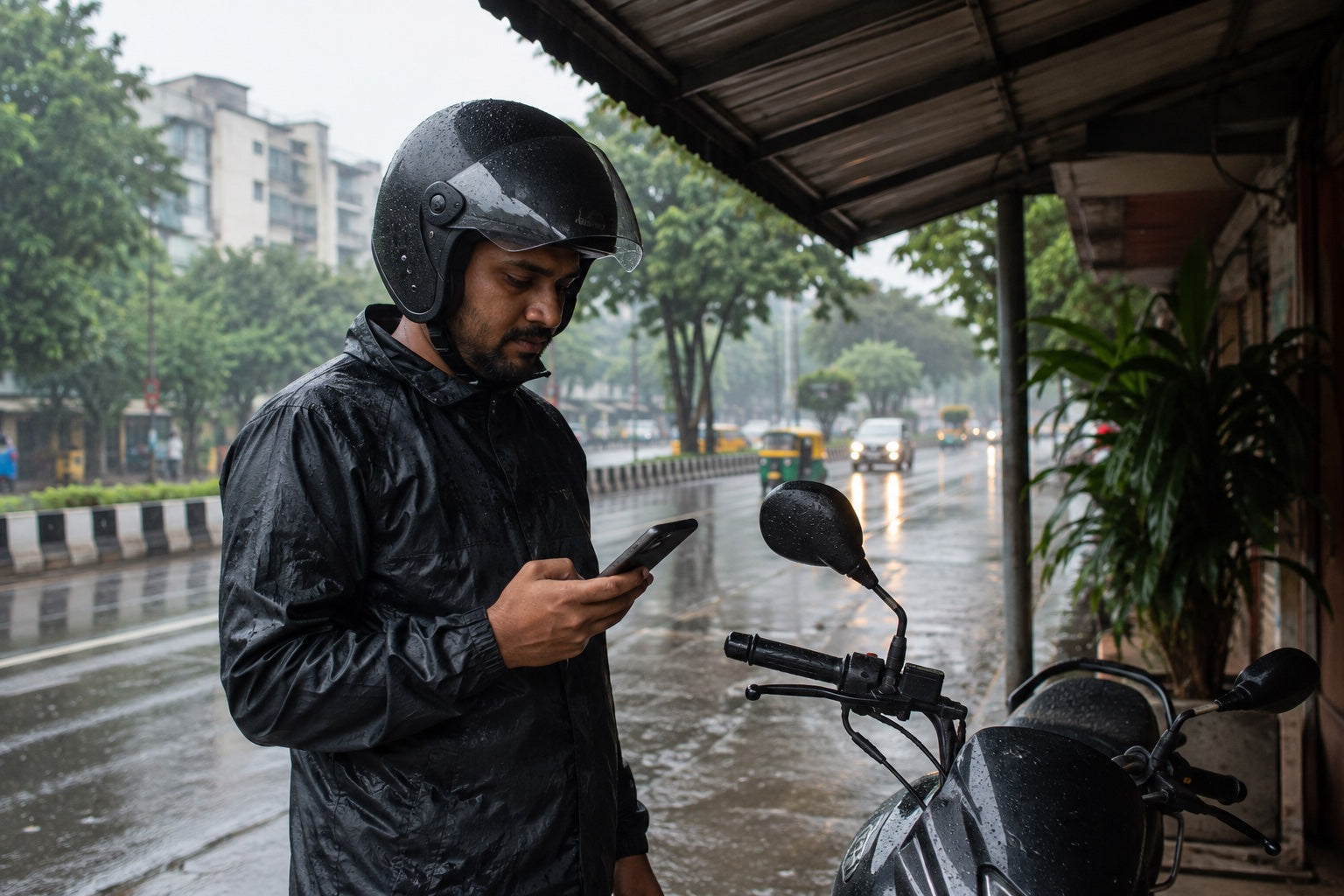 Indian motorcycle commuter waiting under shelter during ordinary city rain
